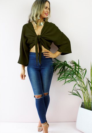 KHAKI PLUNGE FRONT TIE PEASANT BOHO BLOUSE TOP