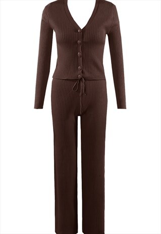 Ribbed Cardigan and Wide Leg Trouser Set In Brown