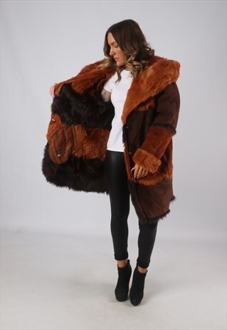 SHEEPSKIN SUEDE HOODED SHEARLING COAT MID LONG UK 14 (DKDK)