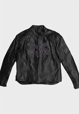 Black leather reinforced pads skull patch fitted jacket