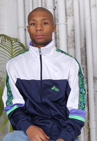 VINTAGE ASICS TAPE LOGO TRACK JACKET NAVY BLUE AND WHITE