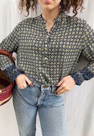 VINTAGE 90S BOHEME HIPPIE BOHO FLORAL BLOUSE TUNIC TOP