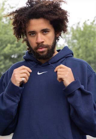 VINTAGE 90'S NIKE EMBROIDERED CENTRAL SWOOSH HOODIE IN BLUE