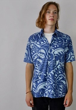 Vintage Men XL Casual Hawaiian Short Sleeved Shirt Blue Funk