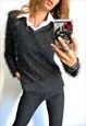 90S BLACK SHAGGY PREPPY TOP WITH WHITE COLLAR S M
