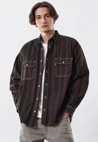 VINTAGE MENS LEVIS STRIPED LONG SLEEVE HEAVY WORKWEAR SHIRT