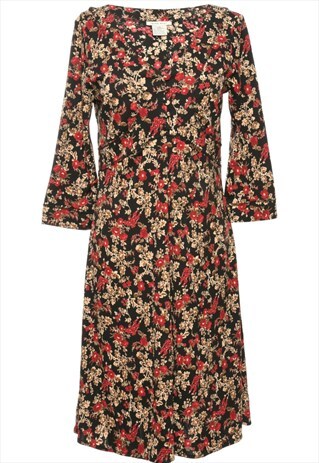 BEYOND RETRO VINTAGE FLORAL RED & BLACK LONG-SLEEVE DRESS -
