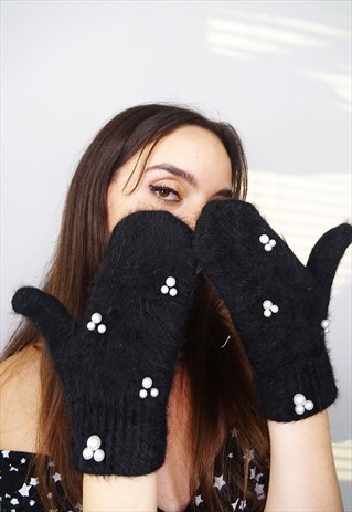 BLACK FLUFFY MITTENS WITH BEADED PEARL DETAILS