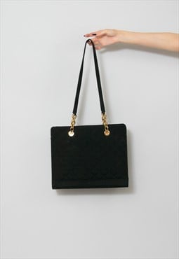 80's Vintage Ladies Black Quilted Large Bag Gold Link Chain