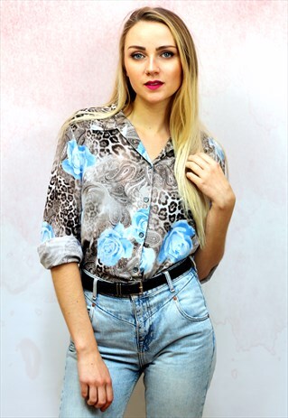 1990S VINTAGE GREY AND BLUE LEOPARD PRINT SHIRT