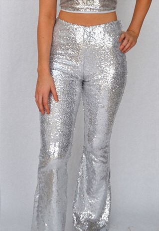 SILVER SEQUIN HIGH WAISTED FLARE TROUSERS