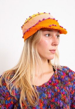 Vintage Crochet Snapback Hat Bright Orange Headpiece 90s