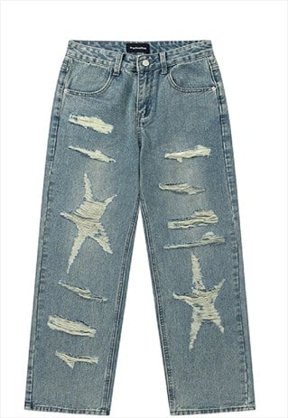 Shredded jeans grunge star pattern denim pants in acid blue