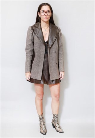 VINTAGE 1970'S BROWN WOOL & LEATHER COAT