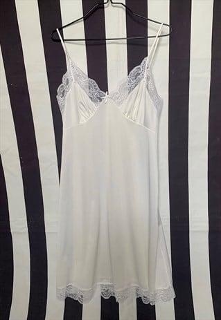 Vintage 80s white nylon lace slip dress nightie, uk10/12