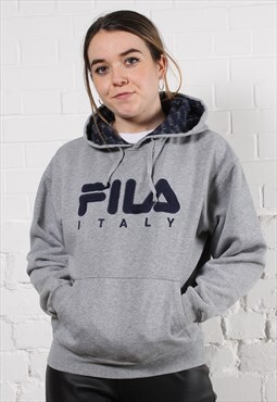 Vintage Fila Hoodie in Grey with Spell Out Logo Small