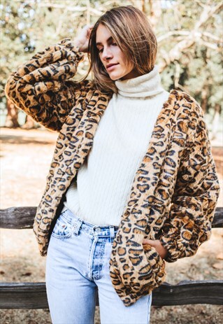 LEOPARD COLLARLESS FAUX FUR COAT