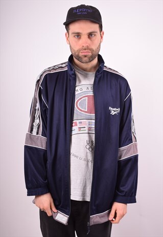 REEBOK MENS VINTAGE TRACKSUIT TOP JACKET XL NAVY BLUE 90S