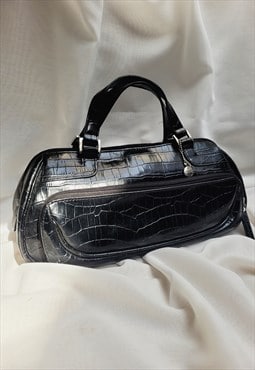 Retro Y2K black reptile print glossy leather handbag purse