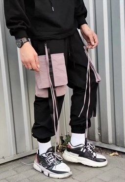 Cargo pocket strap joggers straight fit beam overalls black
