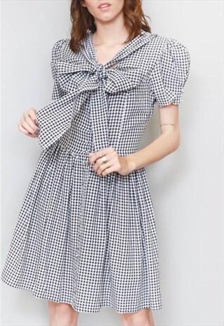 VINTAGE 1990'S CUSTOMISED MONOCHROME GINGHAM PUSSY BOW MINI