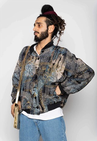 GREY BLACK BLUEISH GOLD SHINY PATTERN BUTTON-UP JACKET L