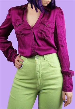 VINTAGE 90'S ESPRIT BLOUSE SHIRT V-NECK MAGENTA PINK