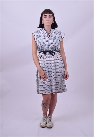 VINTAGE 80'S WHITE BLUE POLKA DOT SLEEVELESS DRESS 16 18