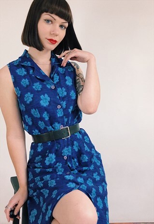 VINTAGE 80S BLUE FLORAL SHIRT SLEEVELESS MAXI DRESS