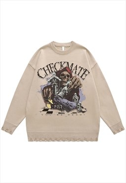 Pirate sweater skull print knit distressed jumper in beige