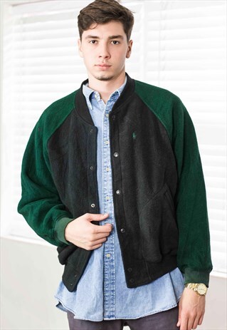 VINTAGE RALPH LAUREN FLEECE BOMBER JACKET LOGO 90S M 20.0