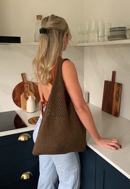 Brown Handmade Knitted Crochet Shoulder Bag