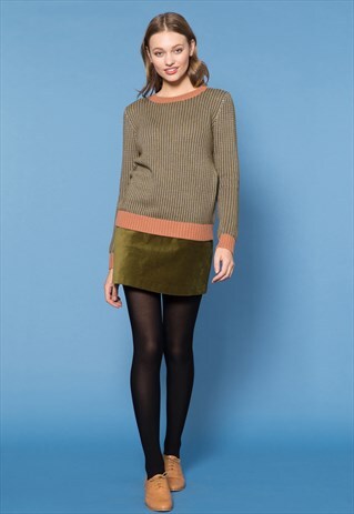 GREEN THREE-COLOUR KNIT SWEATER