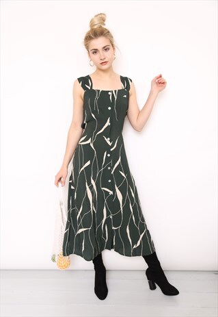 VINTAGE 90S GREEN PRINT BUTTON MIDI DRESS