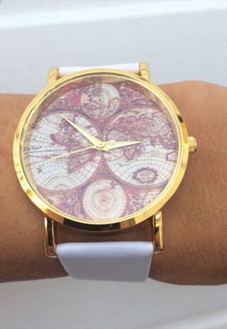 CUTE WHITE WORLD MAP VINTAGE INSPIRED WATCH