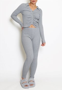 Ruched Zip Up Ribbed Coord Set In Grey