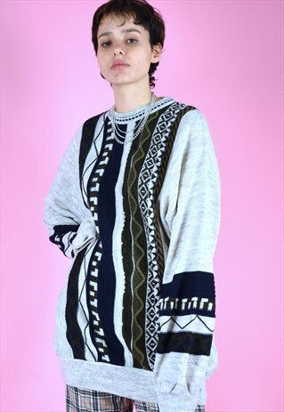 VINTAGE 90S KNIT JUMPER SWEATSHIRT STRIPED IN GREY BEIGE