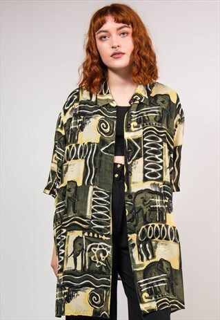 VINTAGE 90'S GREEN ELEPHANT WAVEY PATTERN OVERSIZE SHIRT