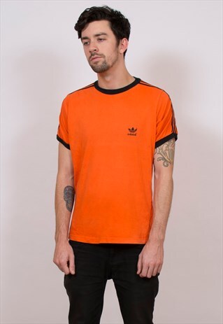 VINTAGE 1980'S ADIDAS ORANGE RINGER T SHIRT L