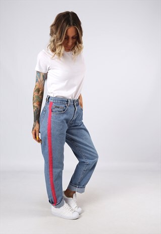 HIGH WAISTED SIDE STRIPE REWORKED JEANS TAPERED UK 12 (G31W)
