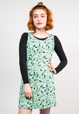 VINTAGE 90'S MINT GREEN FLORAL PATTERN CUTE MINI DRESS