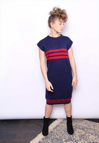 VINTAGE 90S BLUE RED STRIPED JUMPER MIDI DRESS