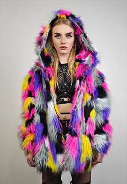 Rainbow faux fur jacket detachable hooded festival coat pink