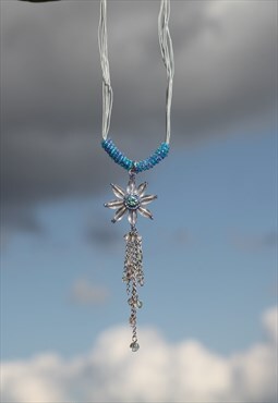 glass crystal/seed beads/plastic blue chain/cord necklace