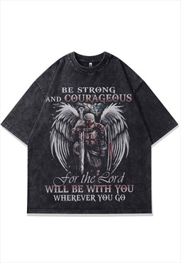 Knight print t-shirt medieval tee grunge angel top acid grey