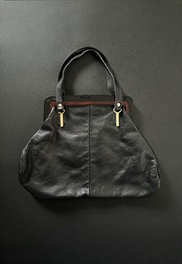 70's Vintage Ladies Black Soft Leather Handbag Bag 