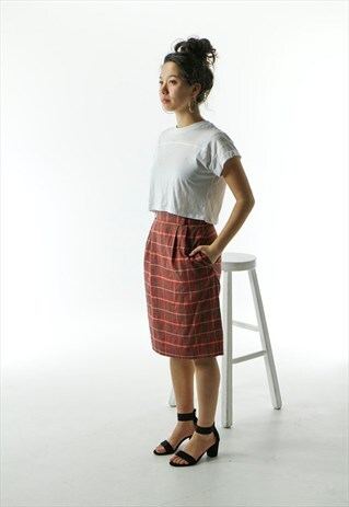 PLAID BROWNISH PINK SKIRT / MIDI HIGH WAISTED SKIRT