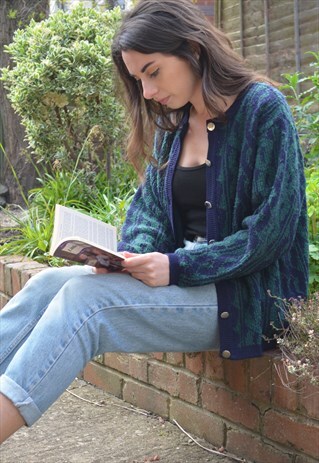 90S VINTAGE GREEN & NAVY PATTERN BUTTON UP CARDIGAN