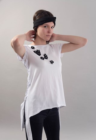 HANDMADE WHITE TOP MAXI SHIRT FLOWER BLOUSE TOP F1807