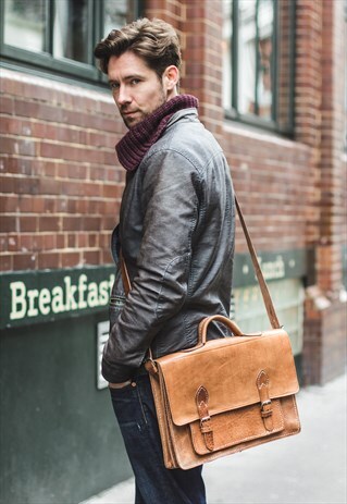 TAN LEATHER HAND STITCHED OFFICE SATCHEL BACKPACK